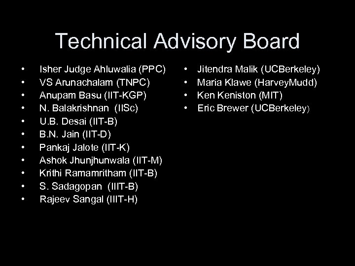 Technical Advisory Board • • • Isher Judge Ahluwalia (PPC) VS Arunachalam (TNPC) Anupam