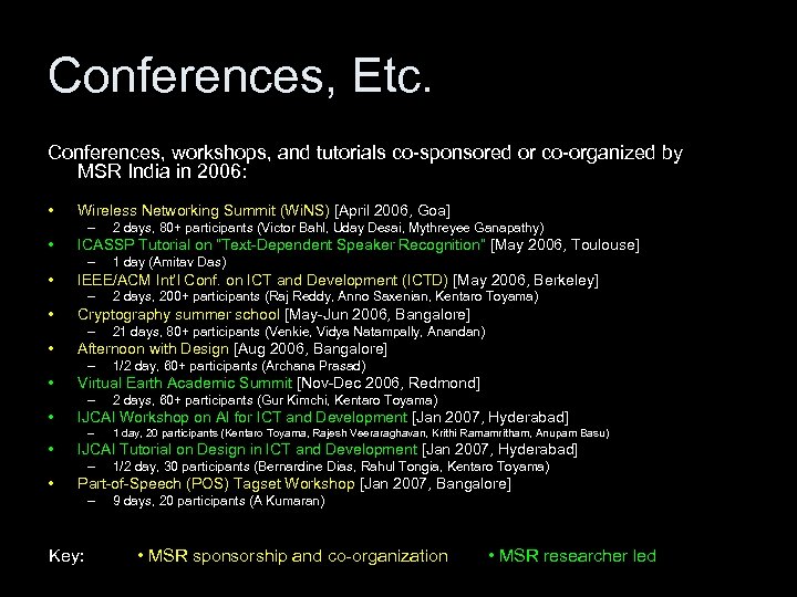 Conferences, Etc. Conferences, workshops, and tutorials co-sponsored or co-organized by MSR India in 2006: