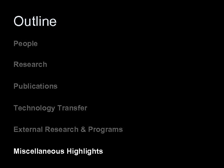 Outline People Research Publications Technology Transfer External Research & Programs Miscellaneous Highlights 