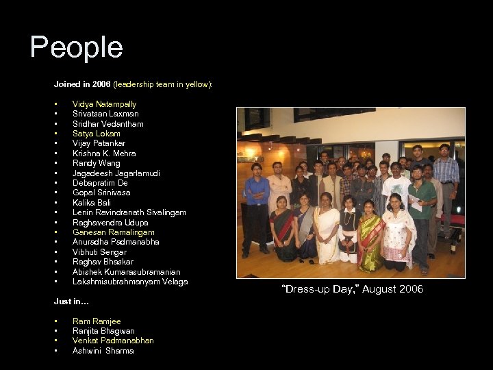 People Joined in 2006 (leadership team in yellow): • • • • • Vidya