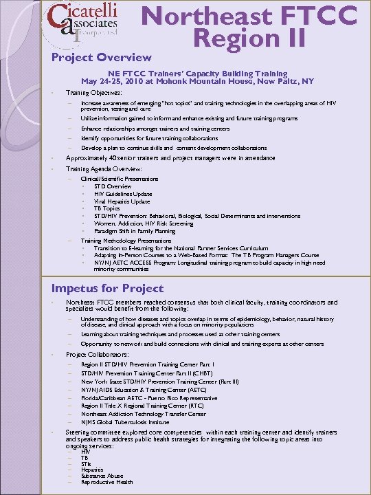 Northeast FTCC Region II Project Overview NE FTCC Trainers’ Capacity Building Training May 24