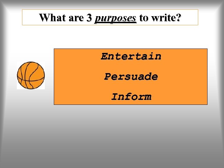 What are 3 purposes to write? Entertain Persuade Inform 