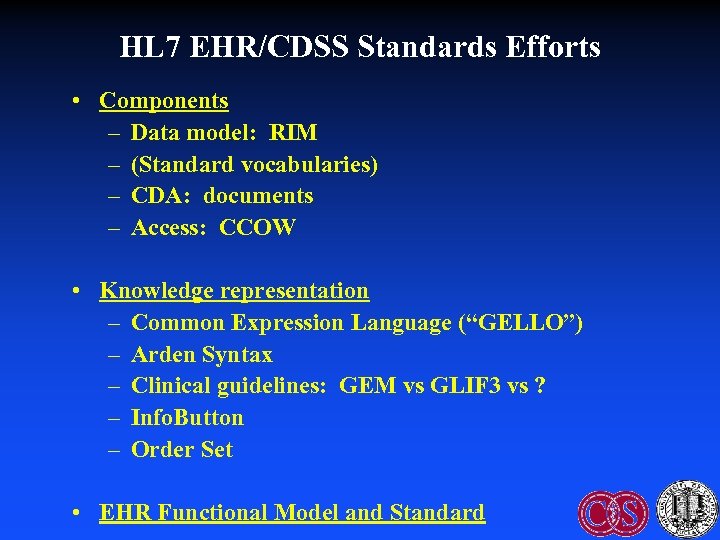 HL 7 EHR/CDSS Standards Efforts • Components – Data model: RIM – (Standard vocabularies)