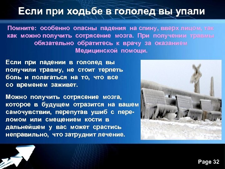 Если при ходьбе в гололед вы упали Помните: особенно опасны падения на спину, вверх