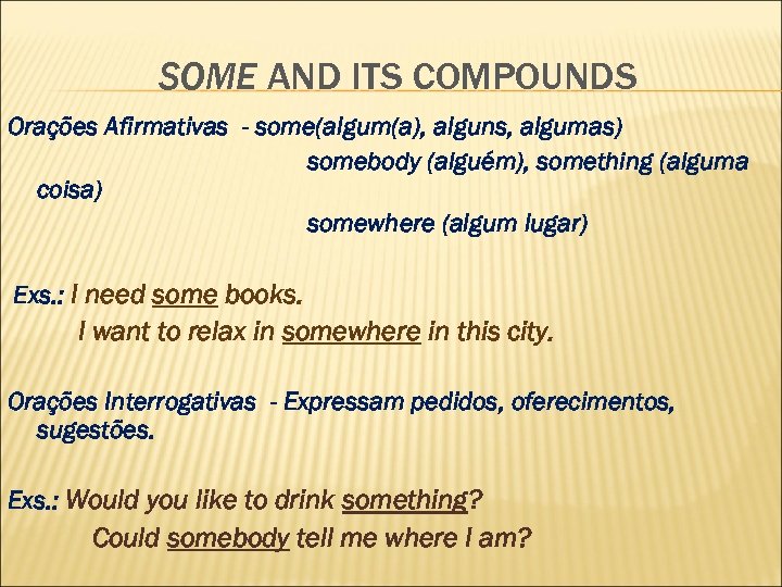 SOME AND ITS COMPOUNDS Orações Afirmativas - some(algum(a), alguns, algumas) somebody (alguém), something (alguma