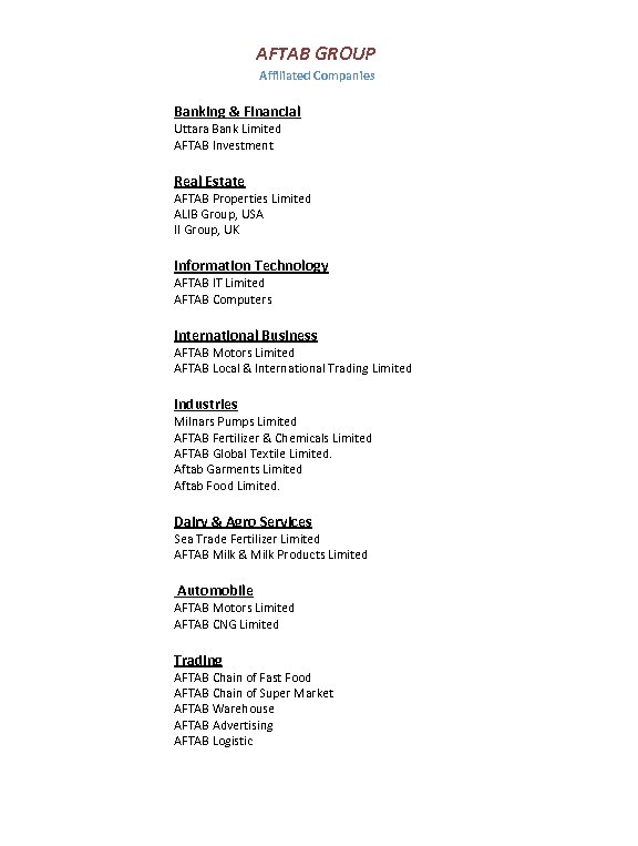 AFTAB GROUP Affiliated Companies Banking & Financial Uttara Bank Limited AFTAB Investment Real Estate