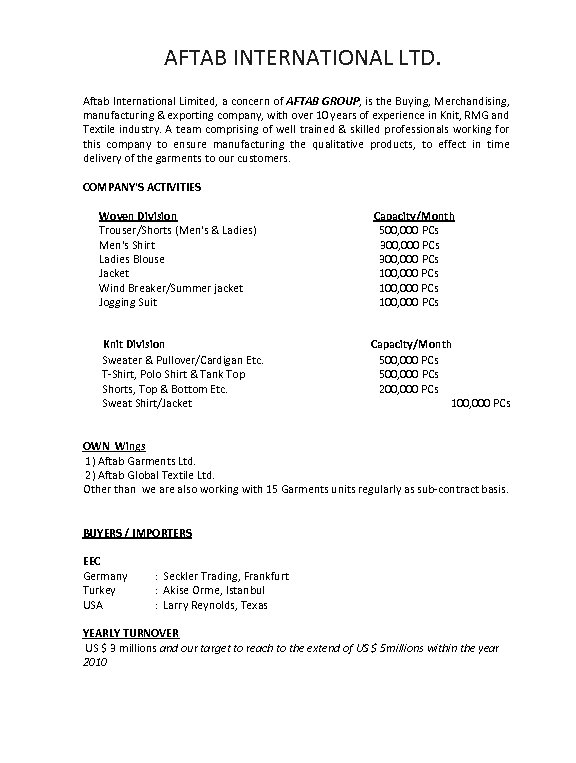  AFTAB INTERNATIONAL LTD. Aftab International Limited, a concern of AFTAB GROUP, is the