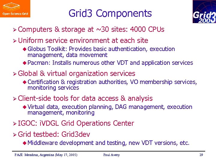 Grid 3 Components Ø Computers Ø Uniform & storage at ~30 sites: 4000 CPUs