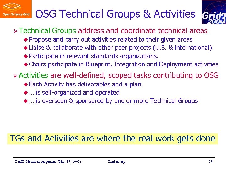 OSG Technical Groups & Activities Ø Technical Groups address and coordinate technical areas u