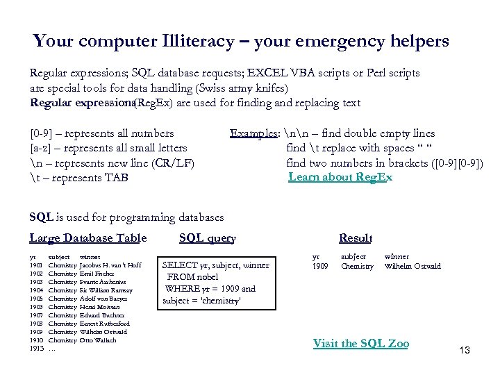 Your computer Illiteracy – your emergency helpers Regular expressions; SQL database requests; EXCEL VBA