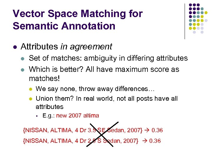 Vector Space Matching for Semantic Annotation l Attributes in agreement l l Set of