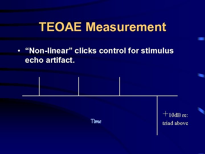 TEOAE Measurement • “Non-linear” clicks control for stimulus echo artifact. Time +10 d. B