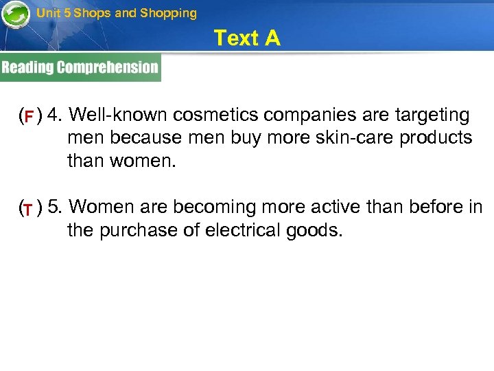 Unit 5 Shops and Shopping Text A ( ) 4. Well-known cosmetics companies are