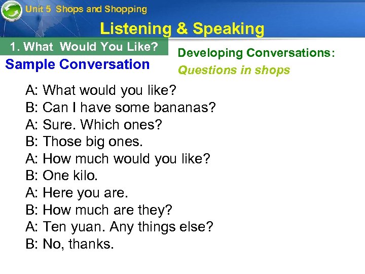 Unit 5 Shops and Shopping Listening & Speaking 1. What Would You Like? Sample