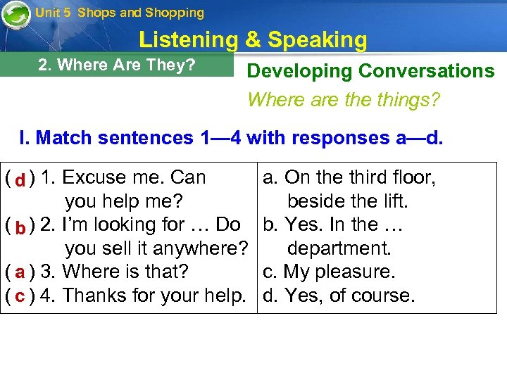 Unit 5 Shops and Shopping Listening & Speaking 2. Where Are They? Developing Conversations