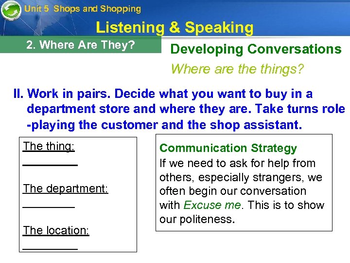 Unit 5 Shops and Shopping Listening & Speaking 2. Where Are They? Developing Conversations
