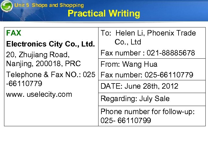 Unit 5 Shops and Shopping Practical Writing FAX Electronics City Co. , Ltd. 20,