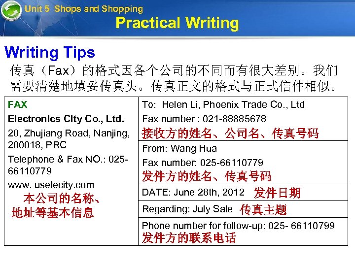 Unit 5 Shops and Shopping Practical Writing Tips 传真（Fax）的格式因各个公司的不同而有很大差别。我们 需要清楚地填妥传真头。传真正文的格式与正式信件相似。 FAX Electronics City Co.