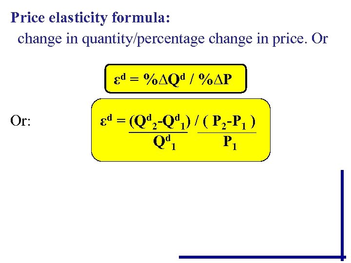 Price elasticity formula: change in quantity/percentage change in price. Or εd = %∆Qd /