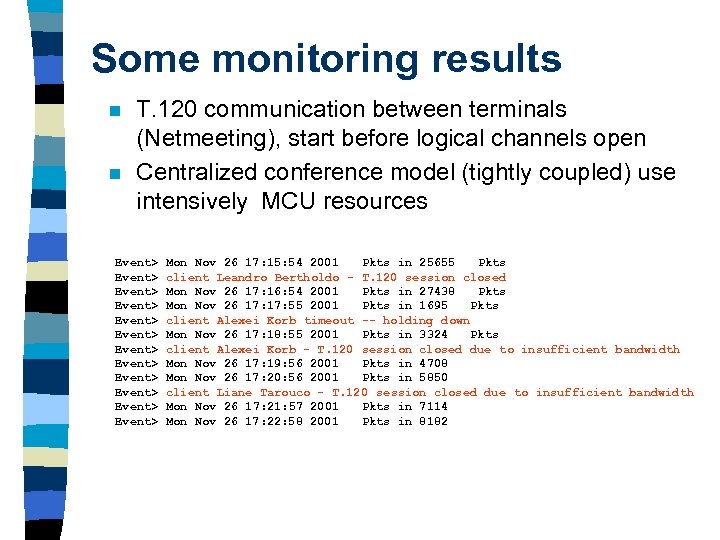 Some monitoring results n n T. 120 communication between terminals (Netmeeting), start before logical