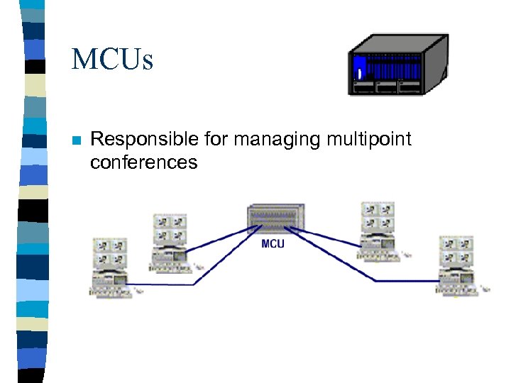 MCUs n Responsible for managing multipoint conferences 