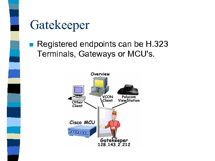 Gatekeeper n Registered endpoints can be H. 323 Terminals, Gateways or MCU's. 