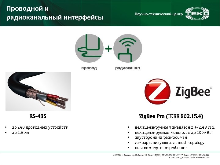 Проводной и радиоканальный интерфейсы RS-485 • • до 240 проводных устройств до 1, 5