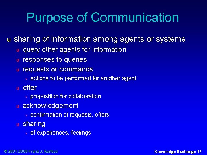 Purpose of Communication u sharing of information among agents or systems u u u