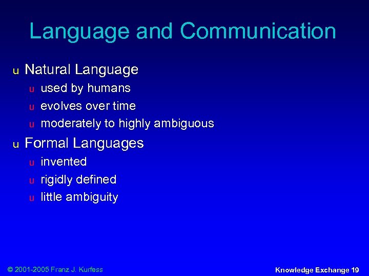 Language and Communication u Natural Language u u used by humans evolves over time