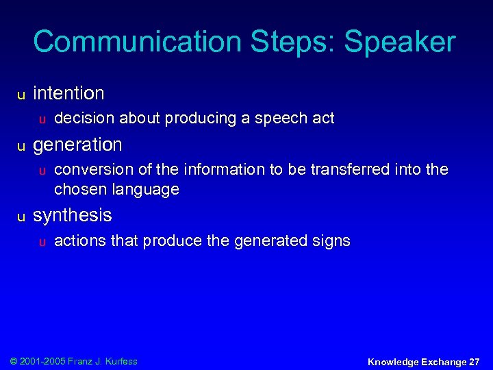 Communication Steps: Speaker u intention u u generation u u decision about producing a