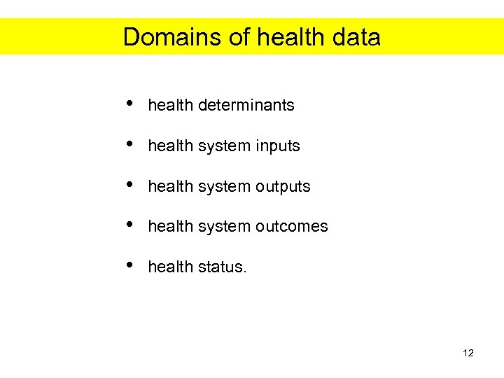 Domains of health data • health determinants • health system inputs • health system