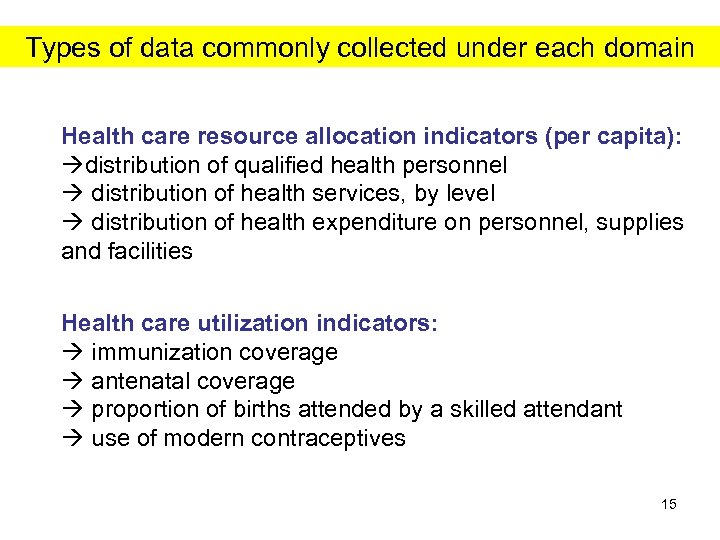 Types of data commonly collected under each domain Health care resource allocation indicators (per