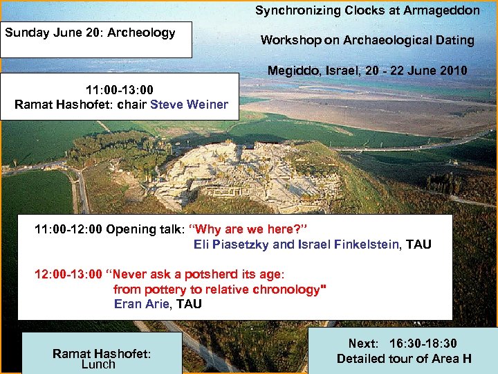 Synchronizing Clocks at Armageddon Sunday June 20: Archeology Workshop on Archaeological Dating Megiddo, Israel,