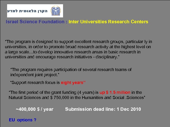 Israel Science Foundation : Inter Universities Research Centers “The program is designed to support