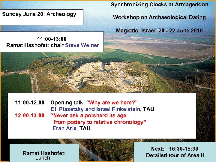 Synchronizing Clocks at Armageddon Sunday June 20: Archeology Workshop on Archaeological Dating Megiddo, Israel,