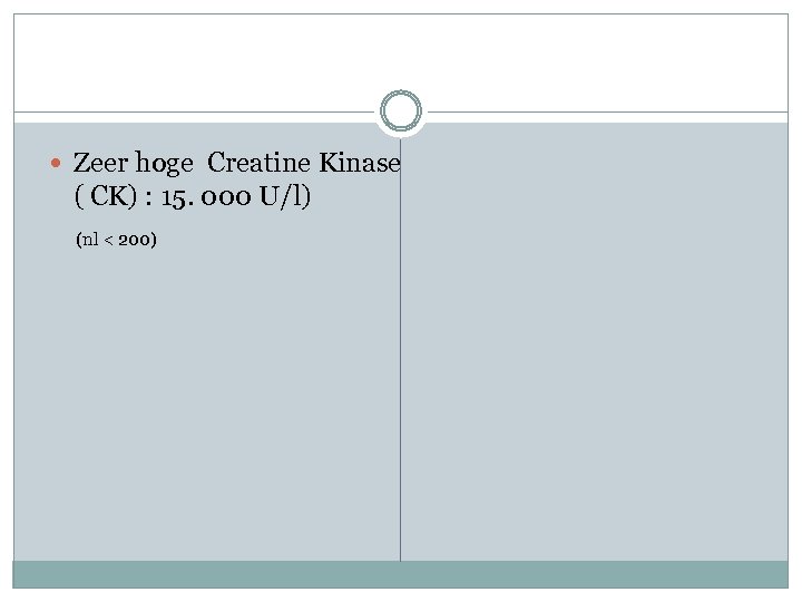  Zeer hoge Creatine Kinase ( CK) : 15. 000 U/l) (nl < 200)