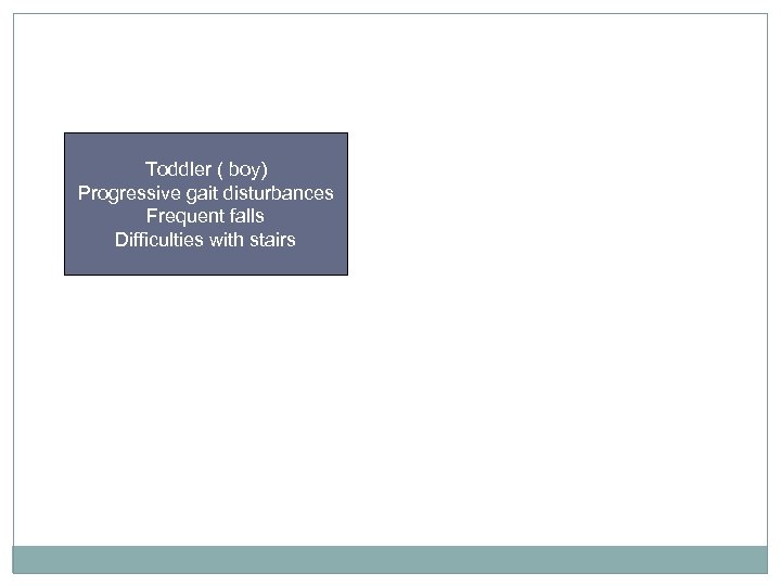 Toddler ( boy) Progressive gait disturbances Frequent falls Difficulties with stairs 