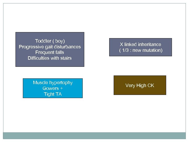 Toddler ( boy) Progressive gait disturbances Frequent falls Difficulties with stairs Muscle hypertophy Gowers