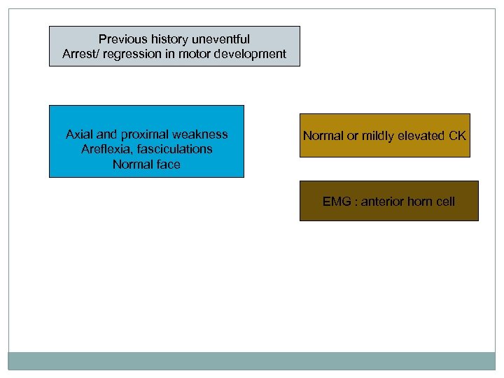 Previous history uneventful Arrest/ regression in motor development Axial and proximal weakness Areflexia, fasciculations