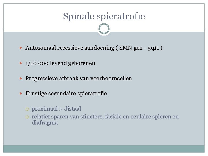 Spinale spieratrofie Autosomaal recessieve aandoening ( SMN gen - 5 q 11 ) 1/10