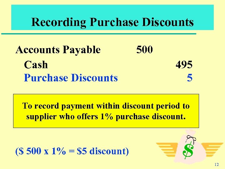 Recording Purchase Discounts Accounts Payable Cash Purchase Discounts 500 495 5 To record payment