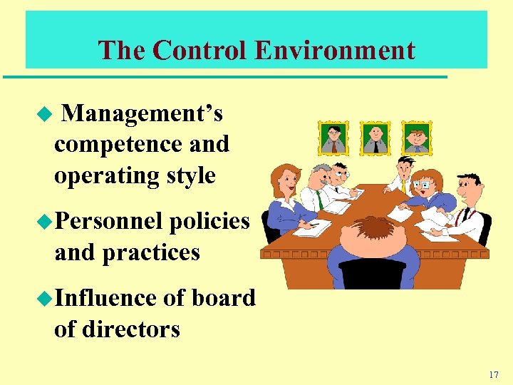 The Control Environment Management’s competence and operating style u u. Personnel policies and practices