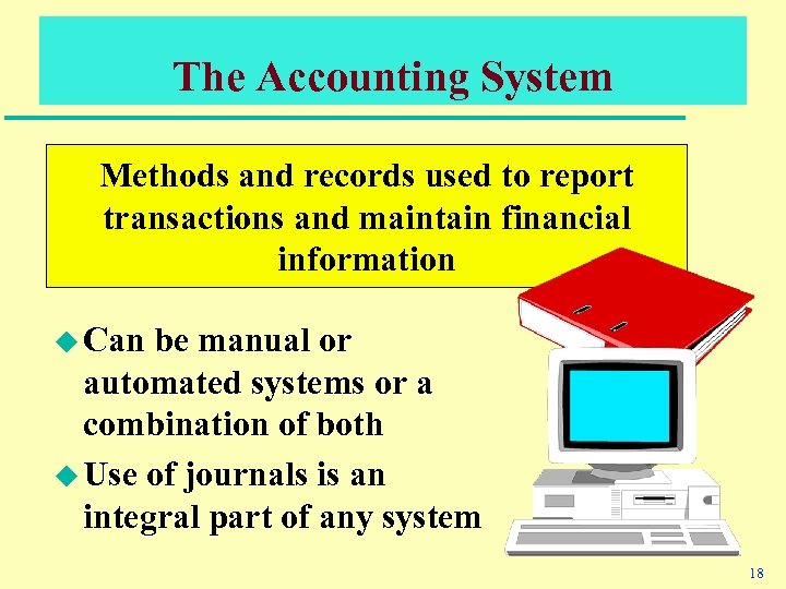 The Accounting System Methods and records used to report transactions and maintain financial information