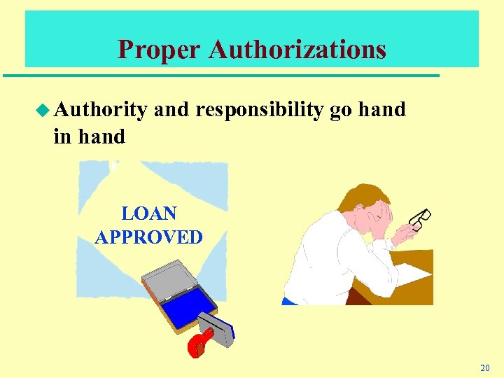 Proper Authorizations u Authority and responsibility go hand in hand LOAN APPROVED 20 