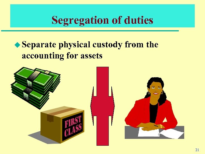 Segregation of duties u Separate physical custody from the accounting for assets 21 