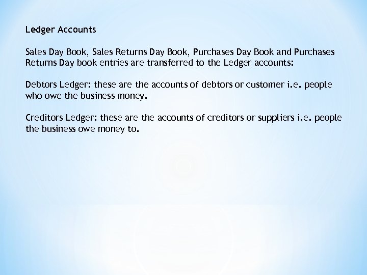 Ledger Accounts Sales Day Book, Sales Returns Day Book, Purchases Day Book and Purchases