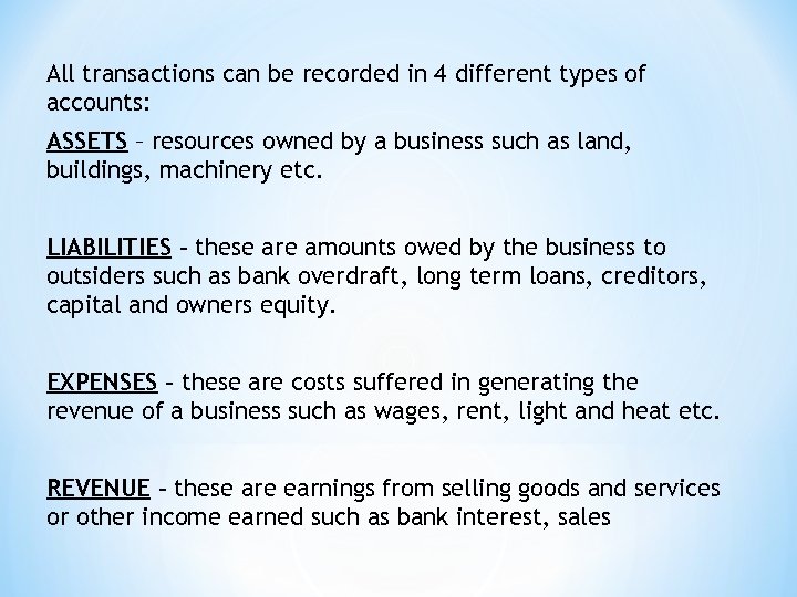 All transactions can be recorded in 4 different types of accounts: ASSETS – resources