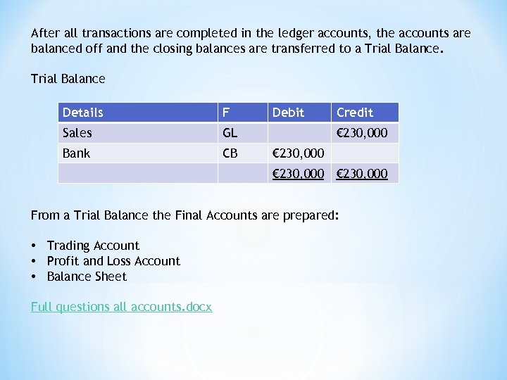 After all transactions are completed in the ledger accounts, the accounts are balanced off