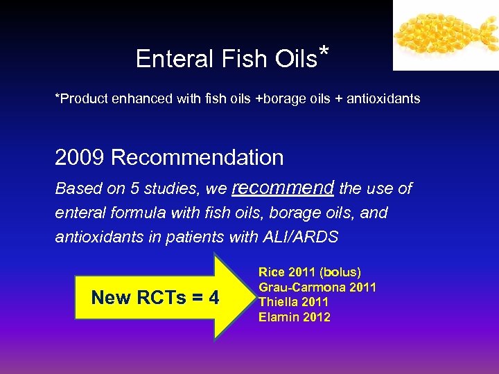 Enteral Fish Oils* *Product enhanced with fish oils +borage oils + antioxidants 2009 Recommendation