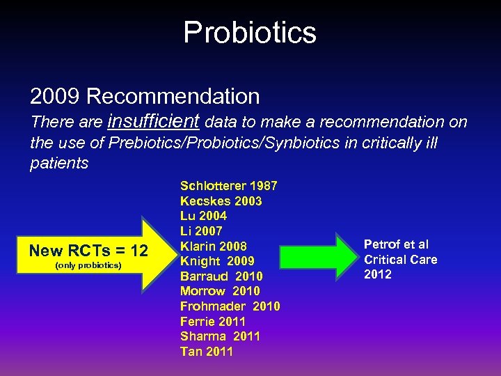 Probiotics 2009 Recommendation There are insufficient data to make a recommendation on the use
